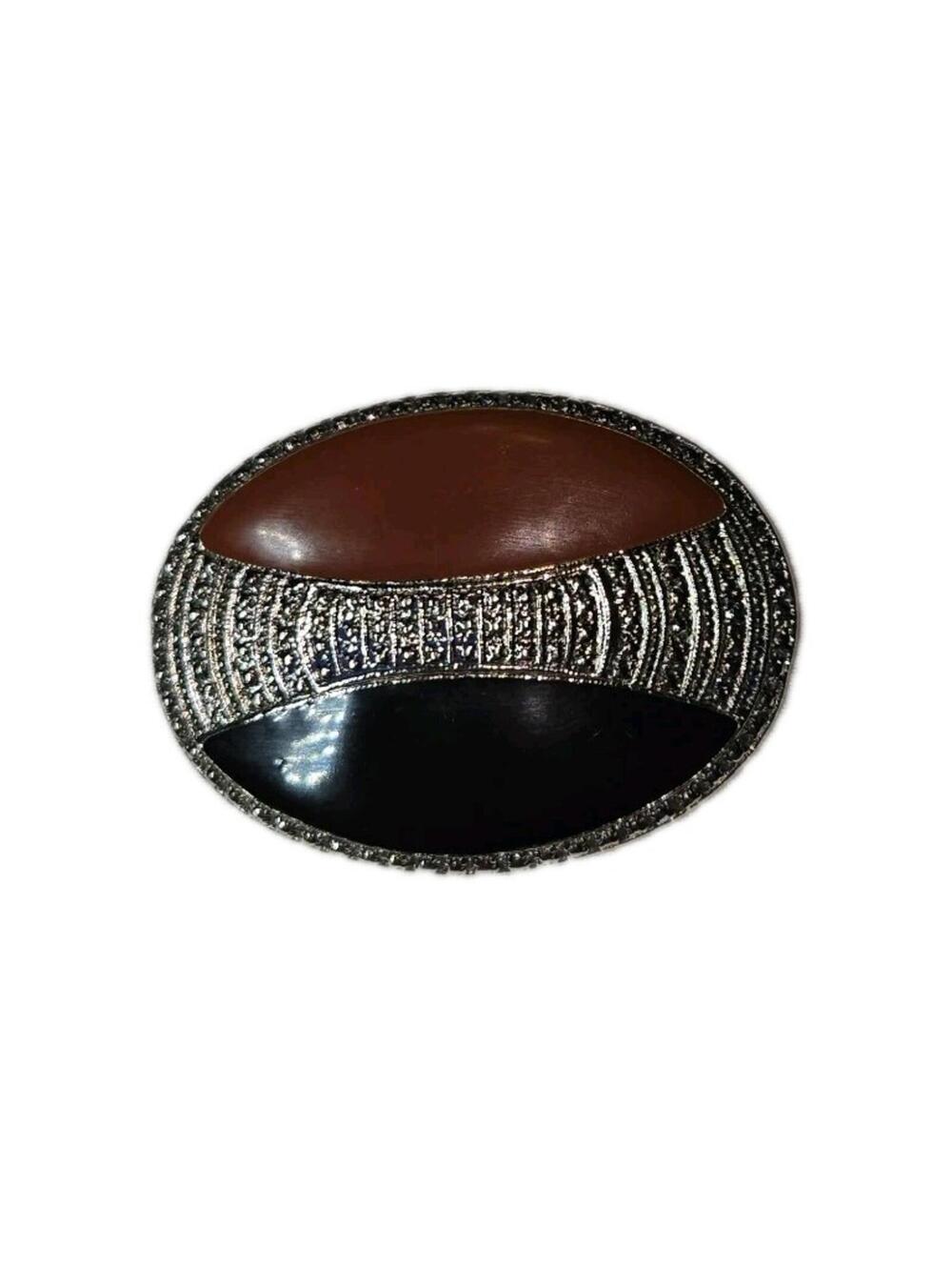 Vintage Silver Tone Black & Brown Oval Brooch Pin, 1970's Style EUC